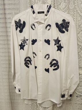Vintage, White Long Sleeve Western Shirt with Navy Appliqué XL